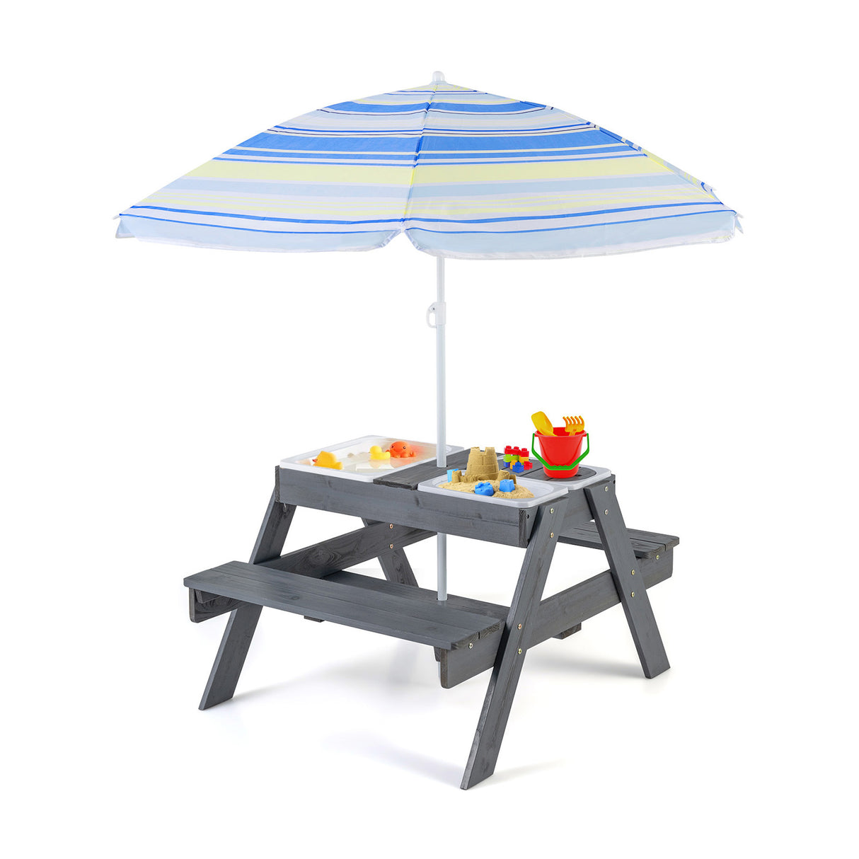 Kids Picnic Table Set with 3 Removable Bins-Gray