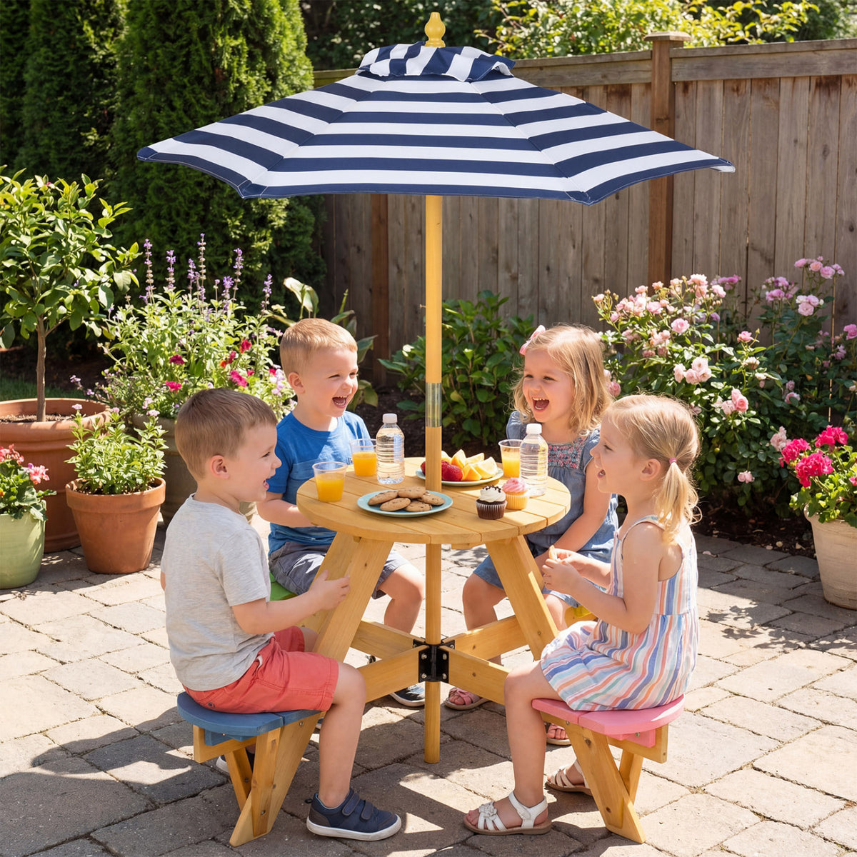 Kids Picnic Table with Stools and Foldable Adjustable Umbrella for Backyard and Patio-Blue