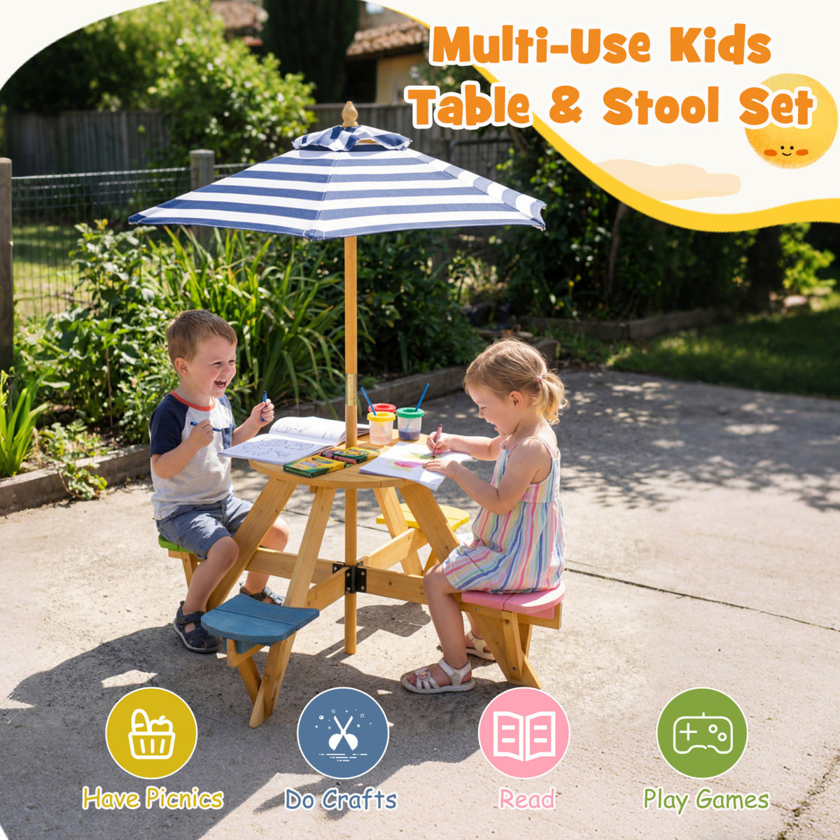 Kids Picnic Table with Stools and Foldable Adjustable Umbrella for Backyard and Patio-Blue