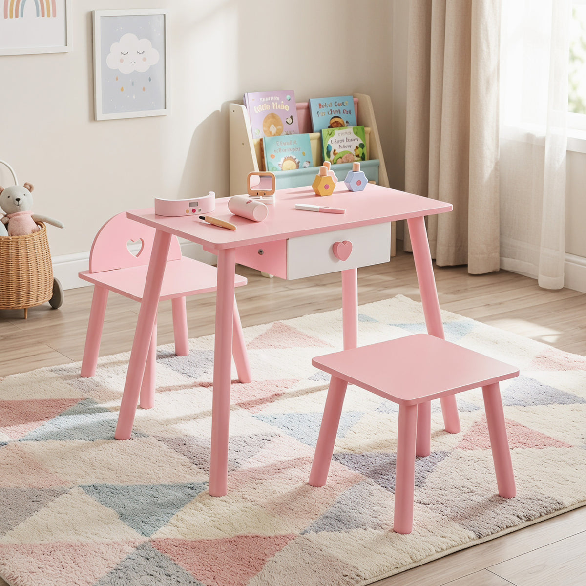 Kids Pretend Nail Salon Playset with Wooden Toddlers Makeup - Pink