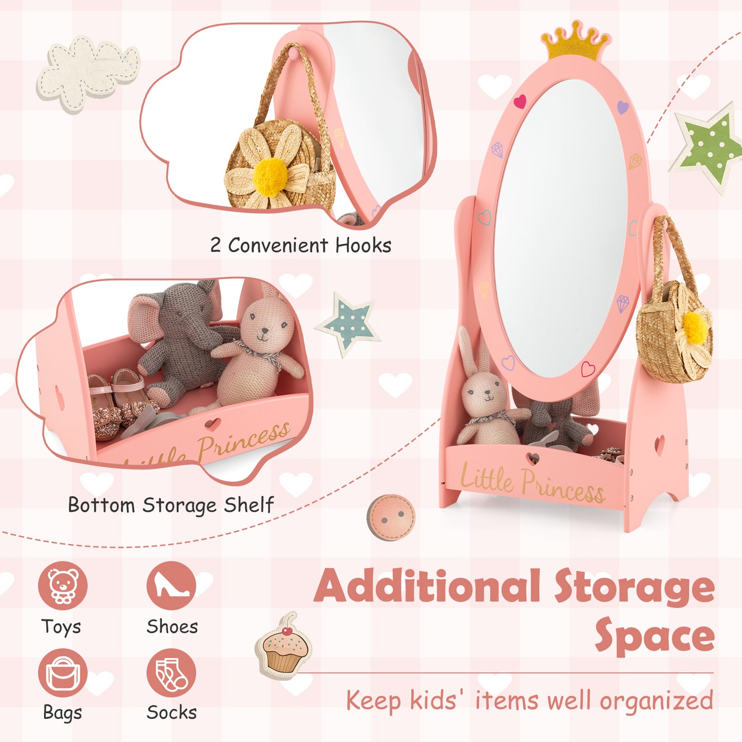 Kids Full Length Mirror with 360 Degree Rotatable Design and Shelf-Pink