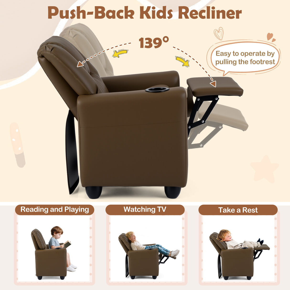 Kids Recliner Chair Push Back Toddler Reclining Armchair with Cup Holder
