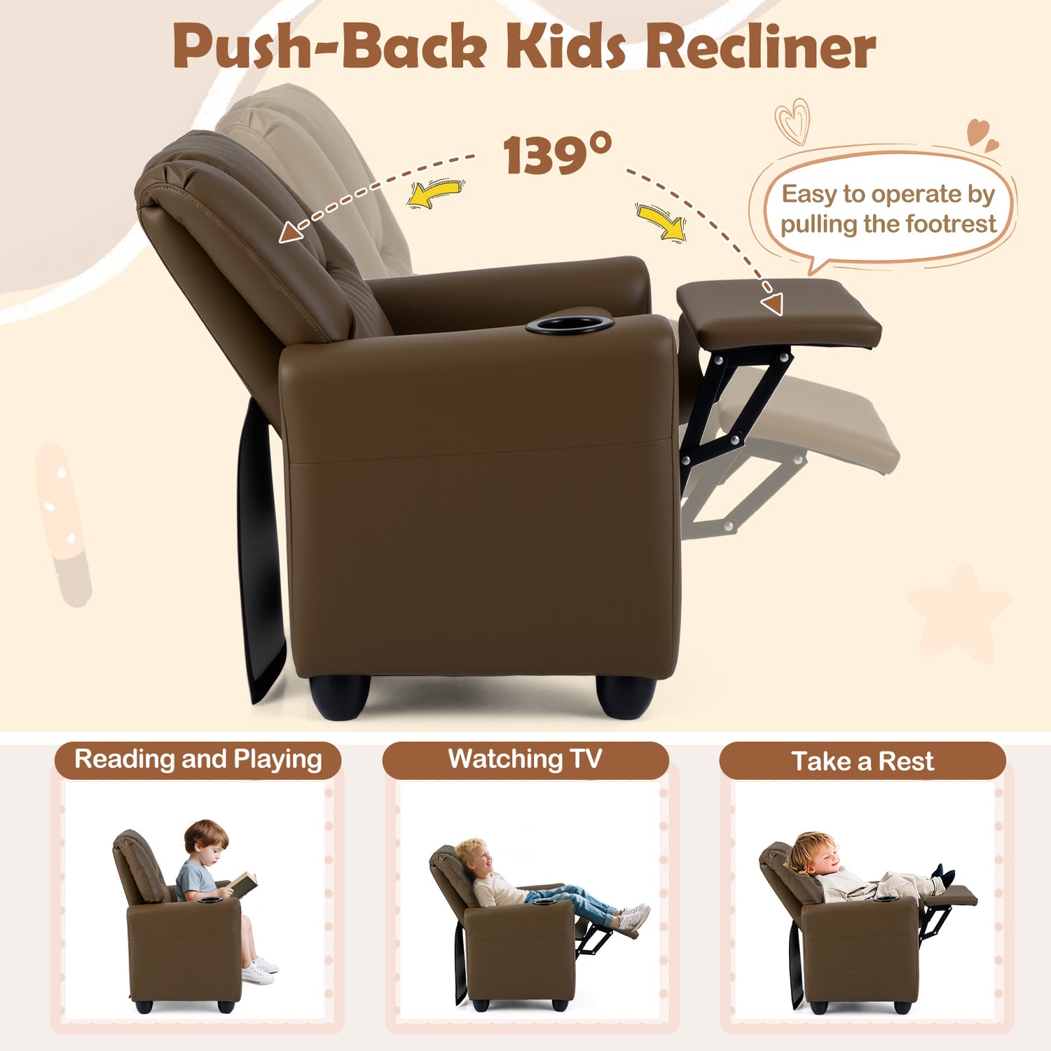 Kids Recliner Chair Push Back Toddler Reclining Armchair with Cup Holder