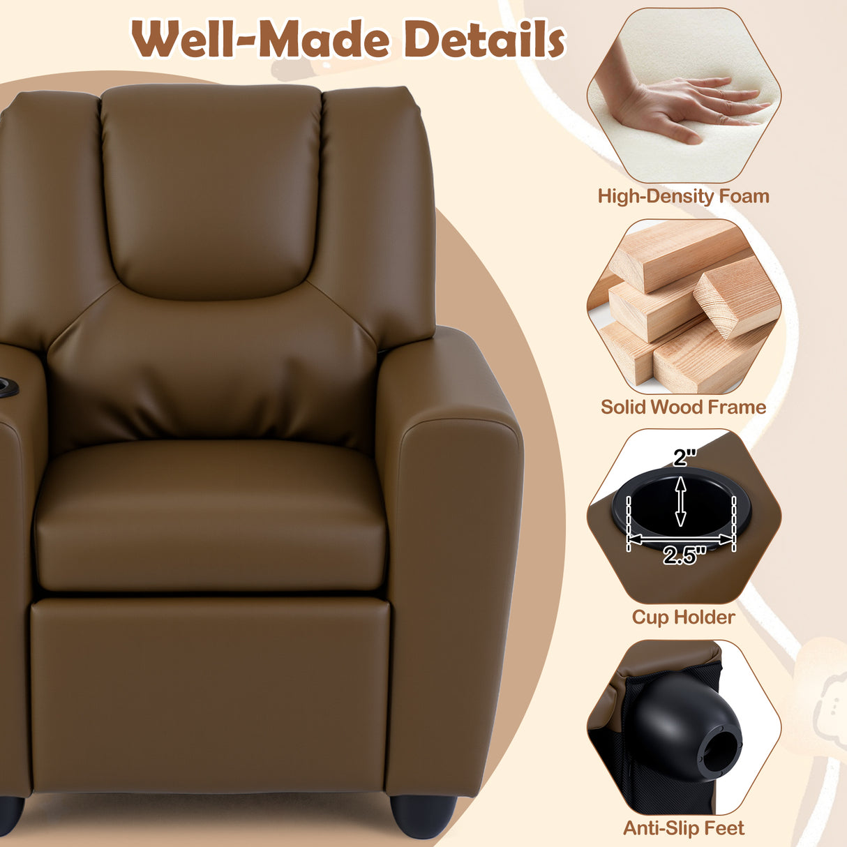 Kids Recliner Chair Push Back Toddler Reclining Armchair with Cup Holder