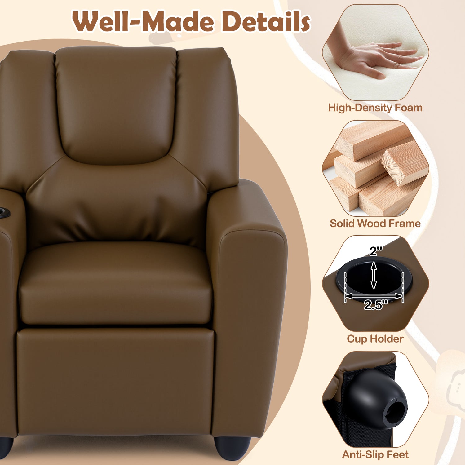 Kids Recliner Chair Push Back Toddler Reclining Armchair with Cup Holder
