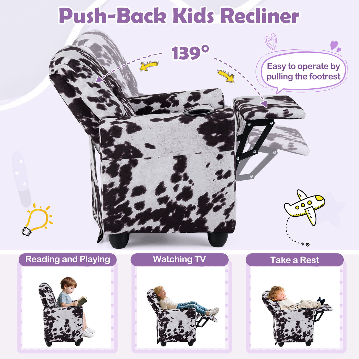Kids Recliner Chair Push Back Toddler Reclining Armchair with Cup Holder