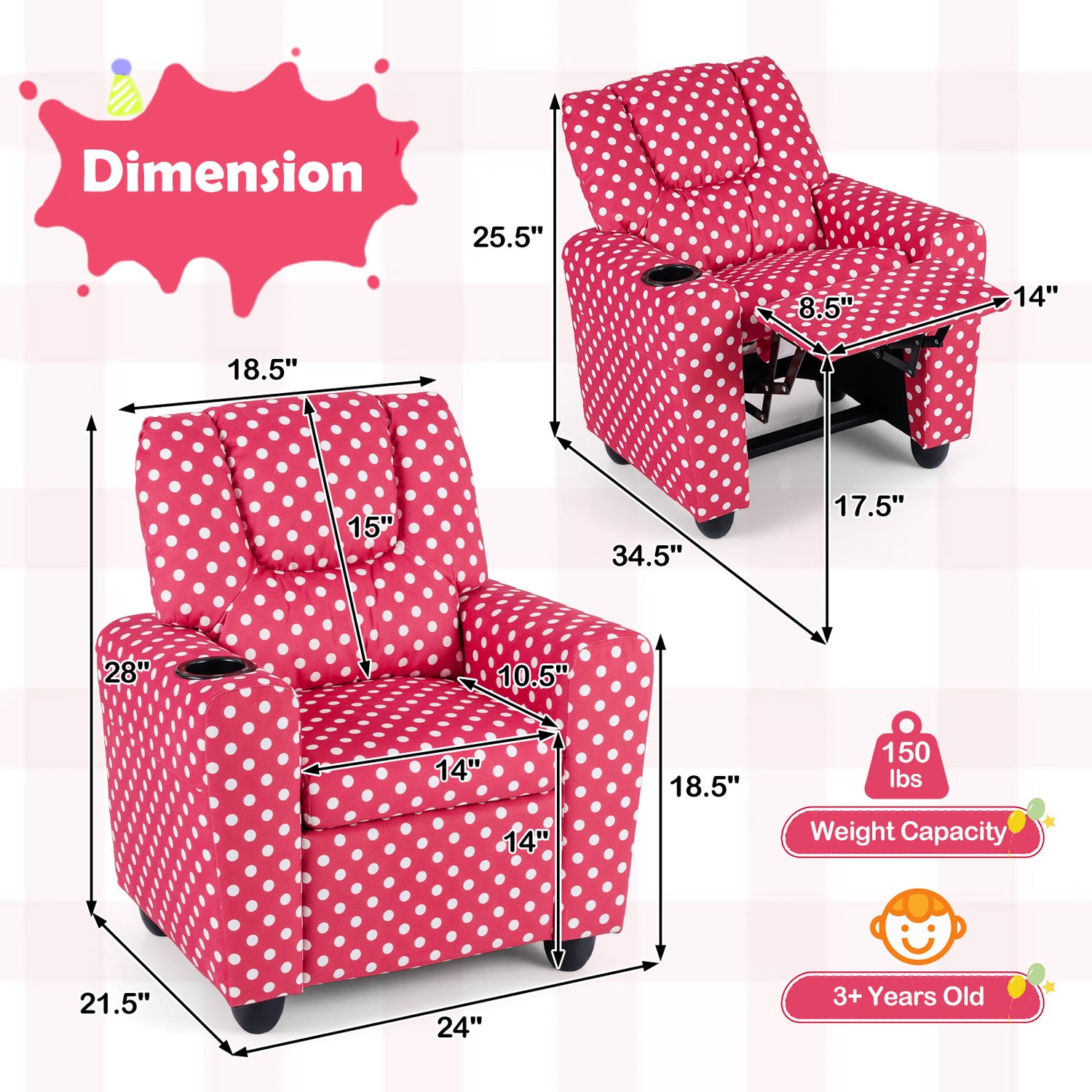 Kids Recliner Chair Push Back Toddler Reclining Armchair with Cup Holder