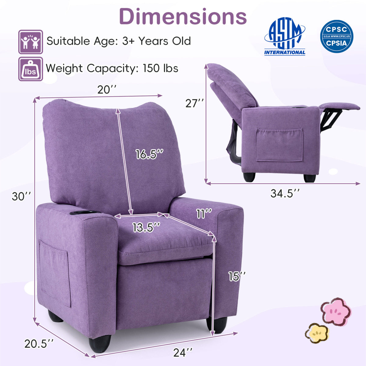 Kids Recliner Toddler Single Sofa with Adjustable Footrest and Cup Holder