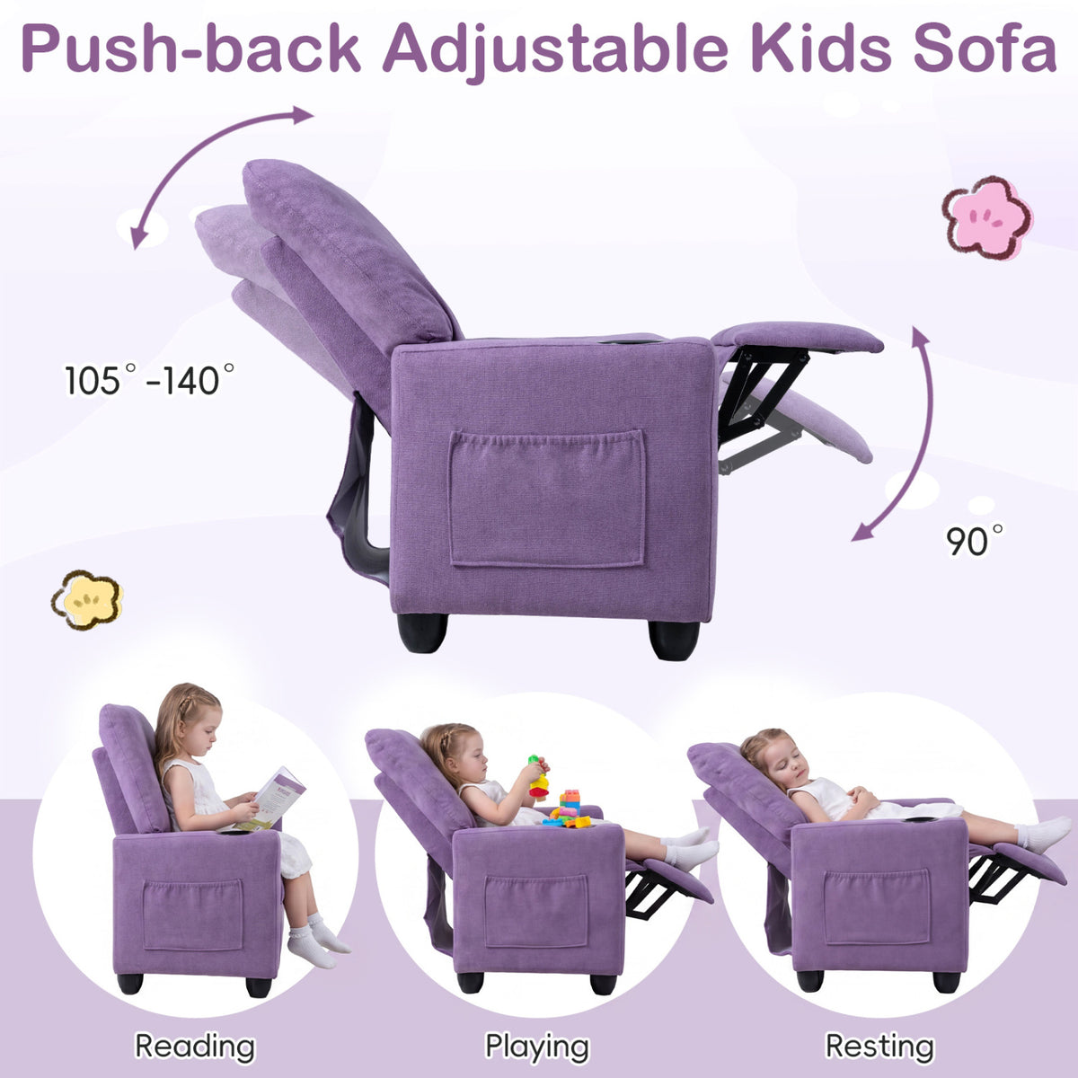 Kids Recliner Toddler Single Sofa with Adjustable Footrest and Cup Holder