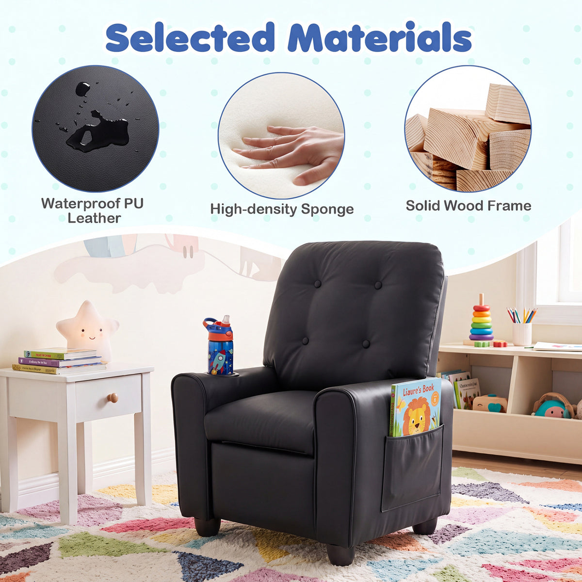 Kids Recliner with Cup Holder & Armrests and Adjustable Backrest Footrest