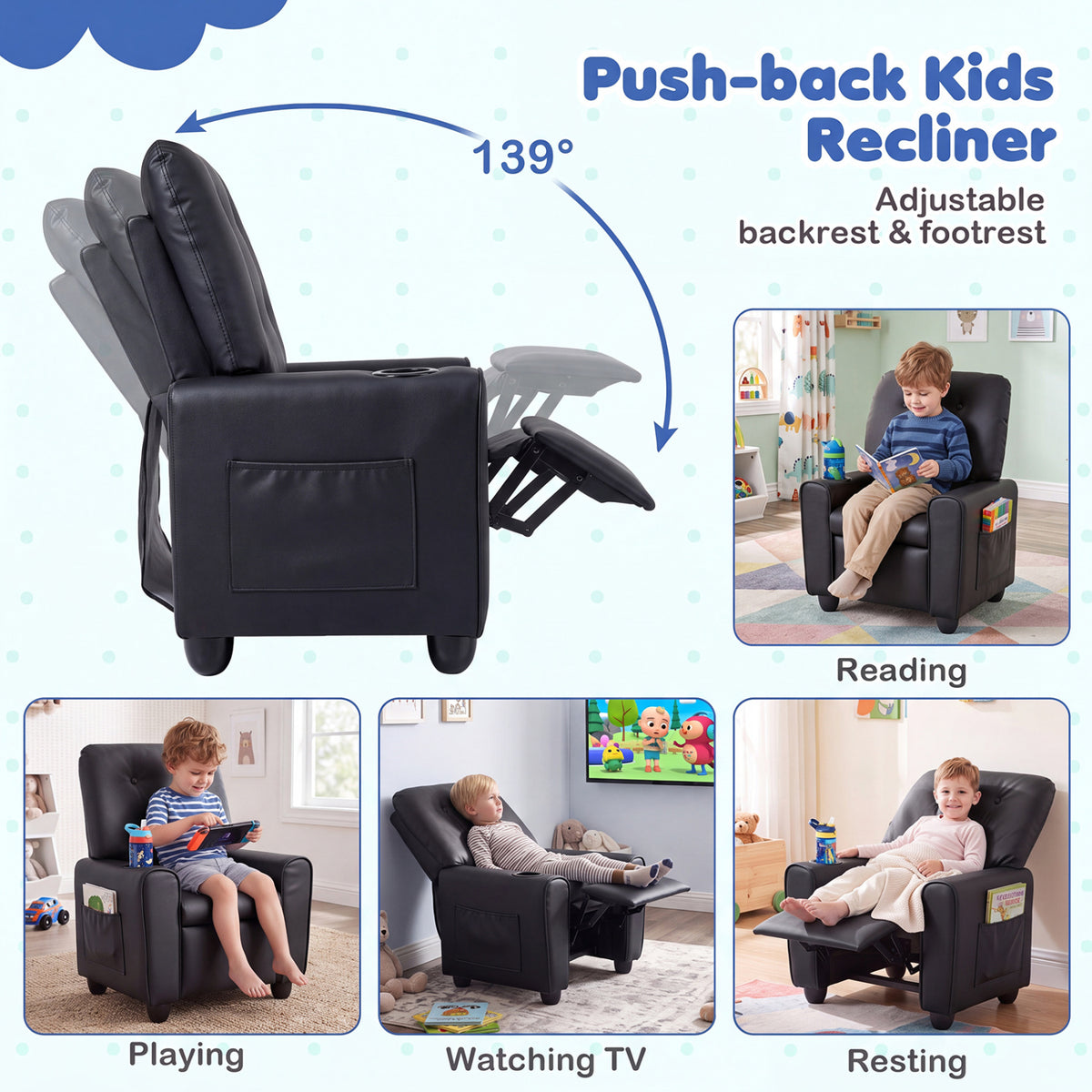 Kids Recliner with Cup Holder & Armrests and Adjustable Backrest Footrest
