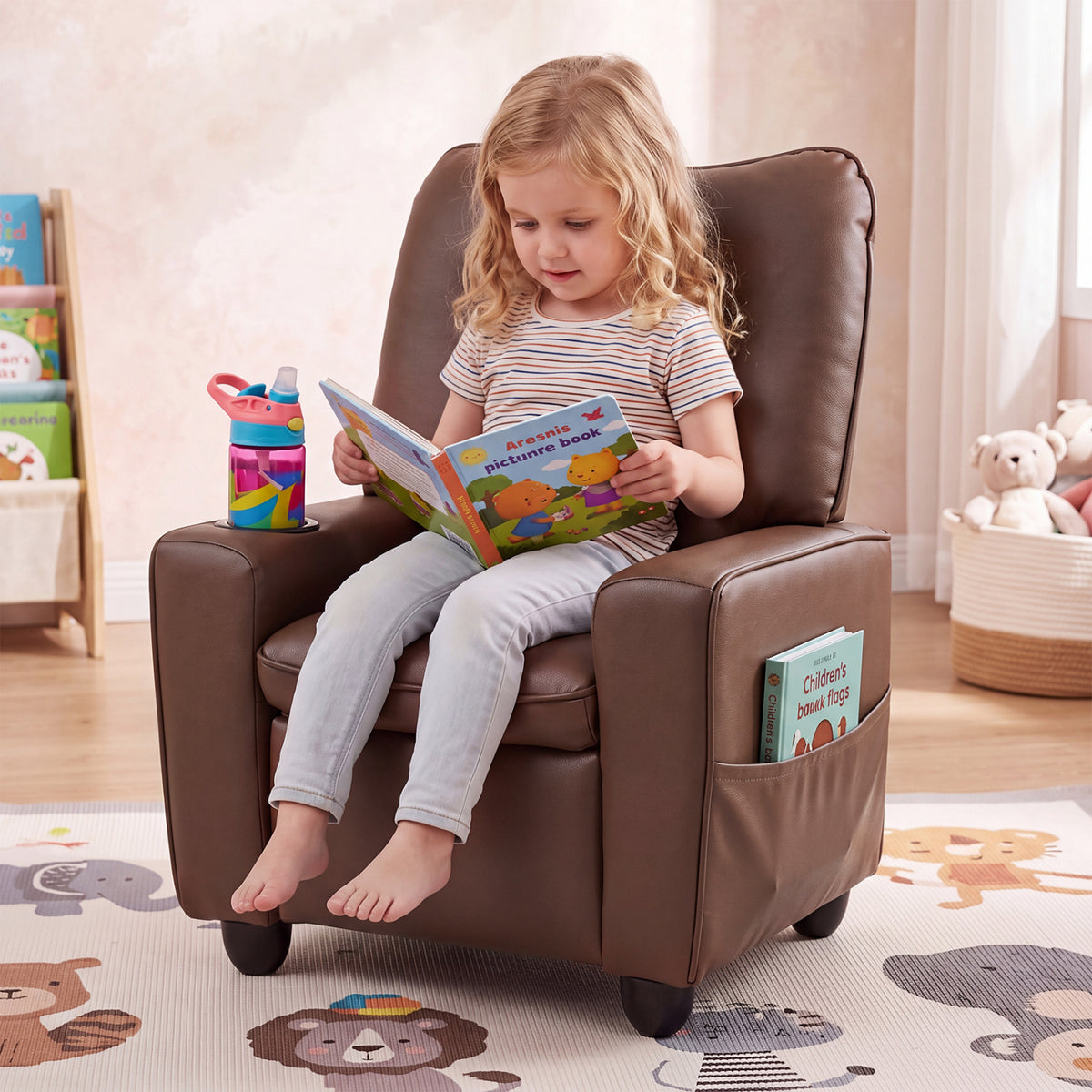 Kids Recliner with Cup Holder Armrests and Adjustable Backrest for Playroom