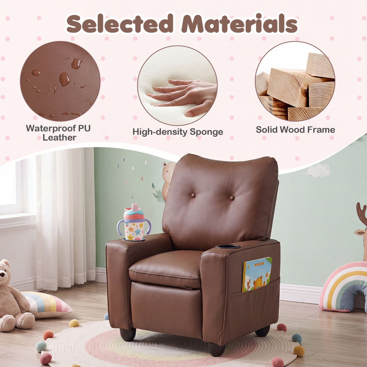 Kids Recliner with Cup Holder Armrests and Adjustable Backrest for Playroom