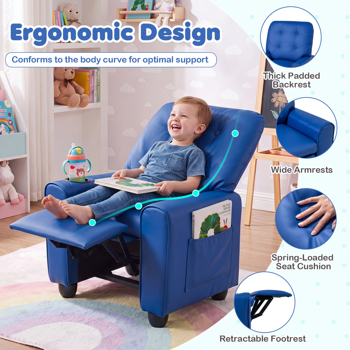 Kids Recliner with Cup Holder & Armrests and Adjustable Backrest Footrest