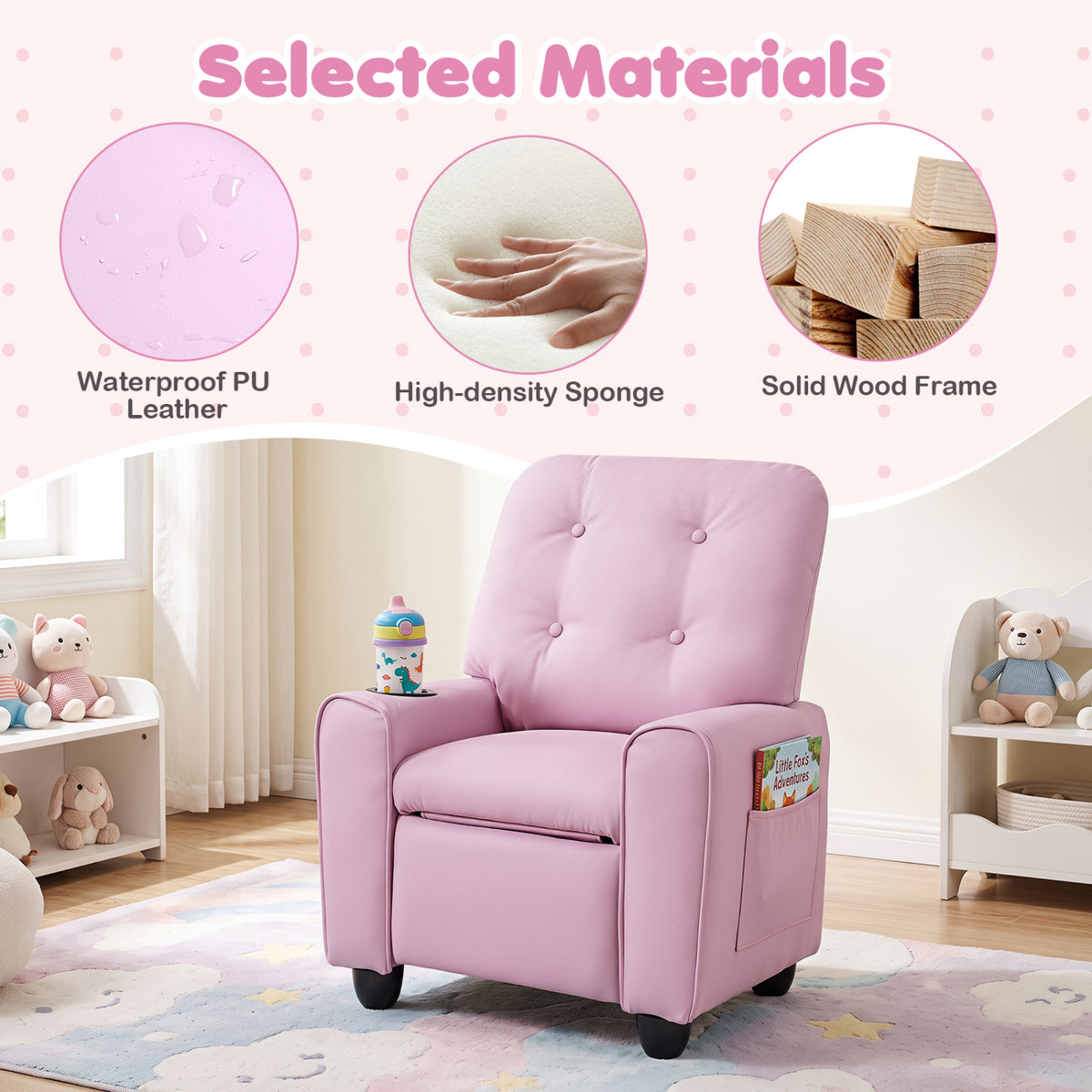 Kids Recliner with Cup Holder & Armrests and Adjustable Backrest Footrest