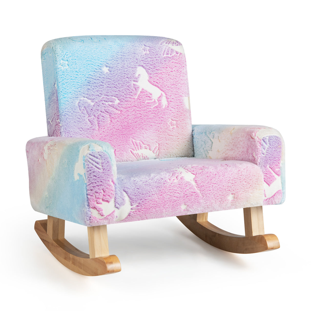 Kids Rocking Chair Upholstered Flannel Children Rocker with Solid Poplar Wood Rocking Feet