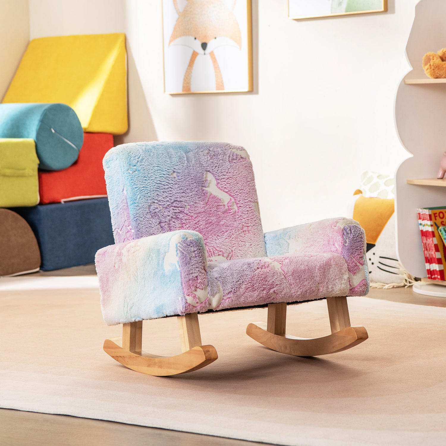 Kids Rocking Chair Upholstered Flannel Children Rocker with Solid Poplar Wood Rocking Feet
