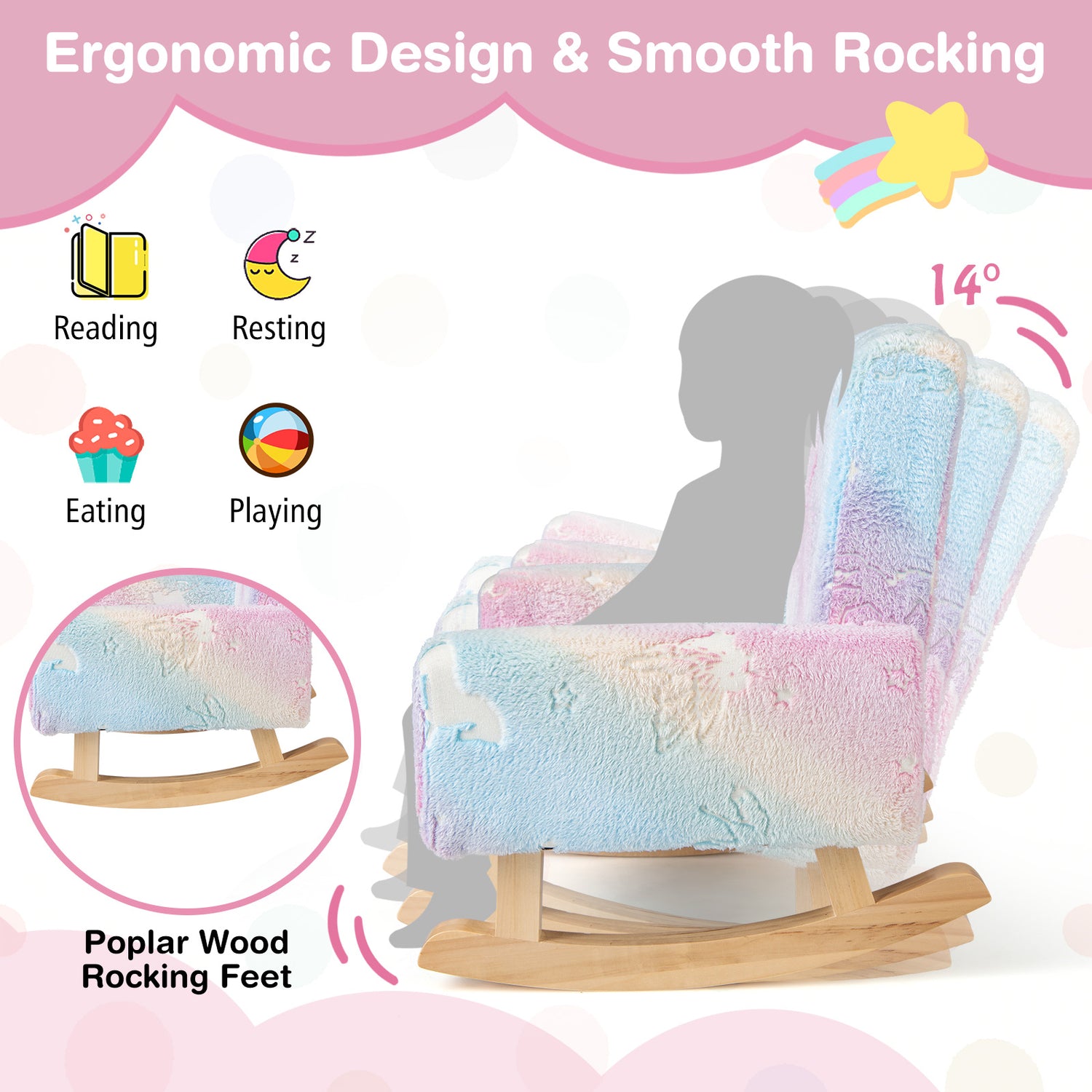 Kids Rocking Chair Upholstered Flannel Children Rocker with Solid Poplar Wood Rocking Feet