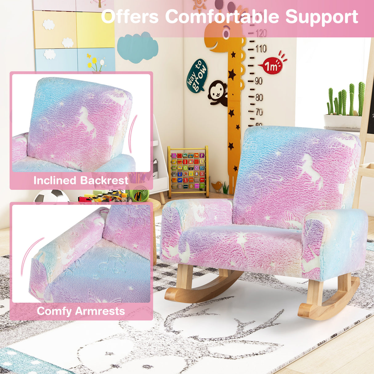 Kids Rocking Chair Upholstered Flannel Children Rocker with Solid Poplar Wood Rocking Feet