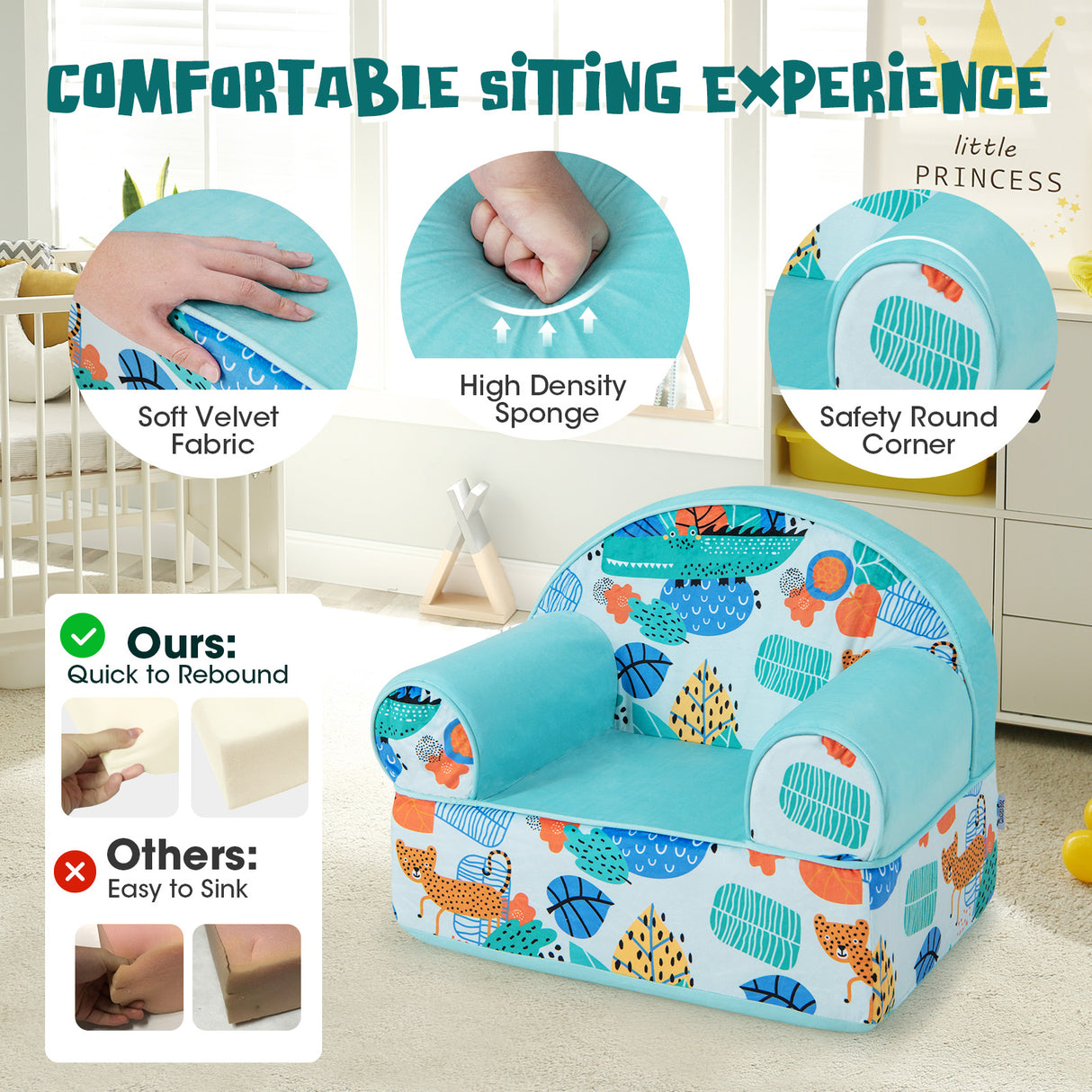Kids Armchair with Plush Velvet Cover and Soft Sponge Filling-Blue