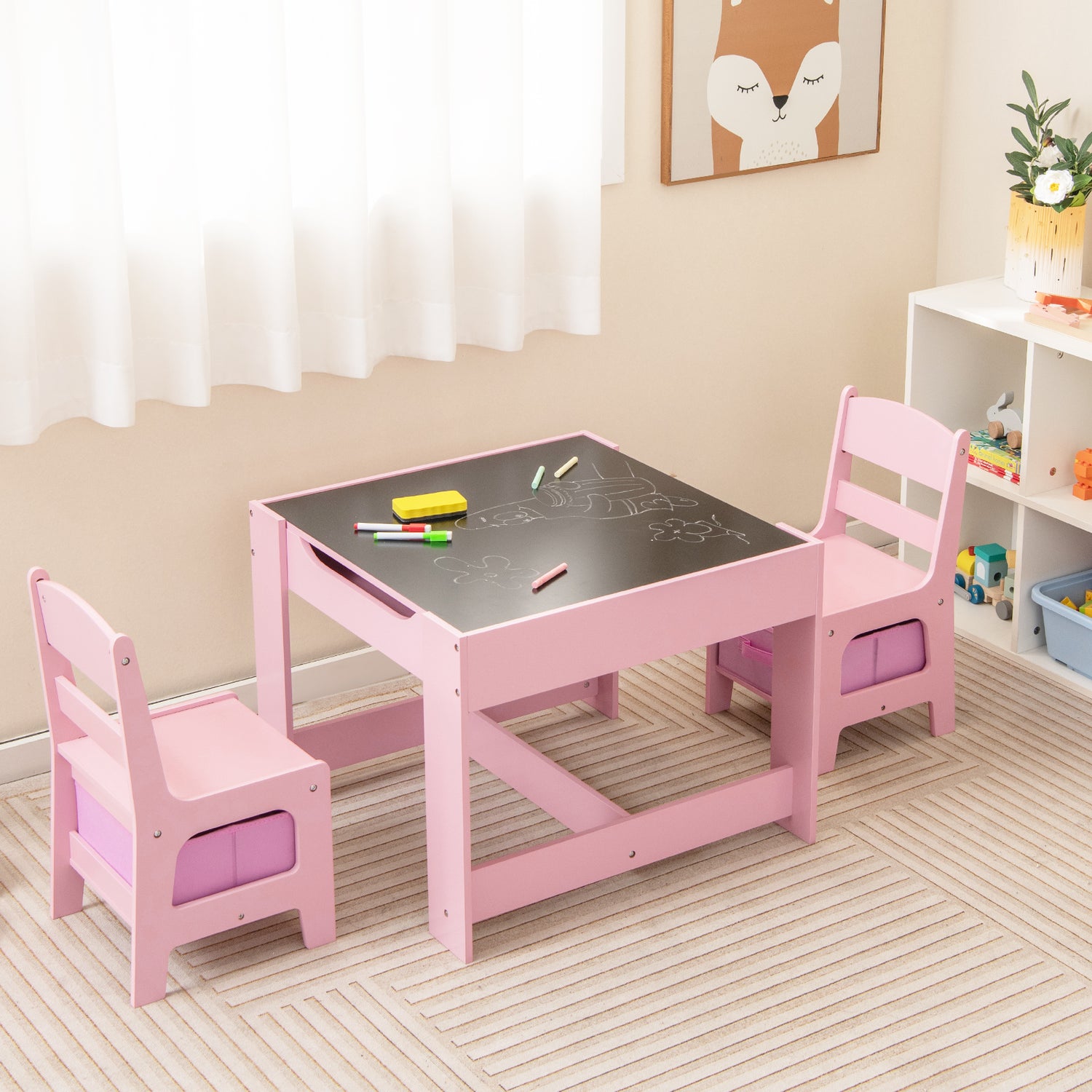 Kids Table Chairs Set With Storage Boxes Blackboard Whiteboard Drawing