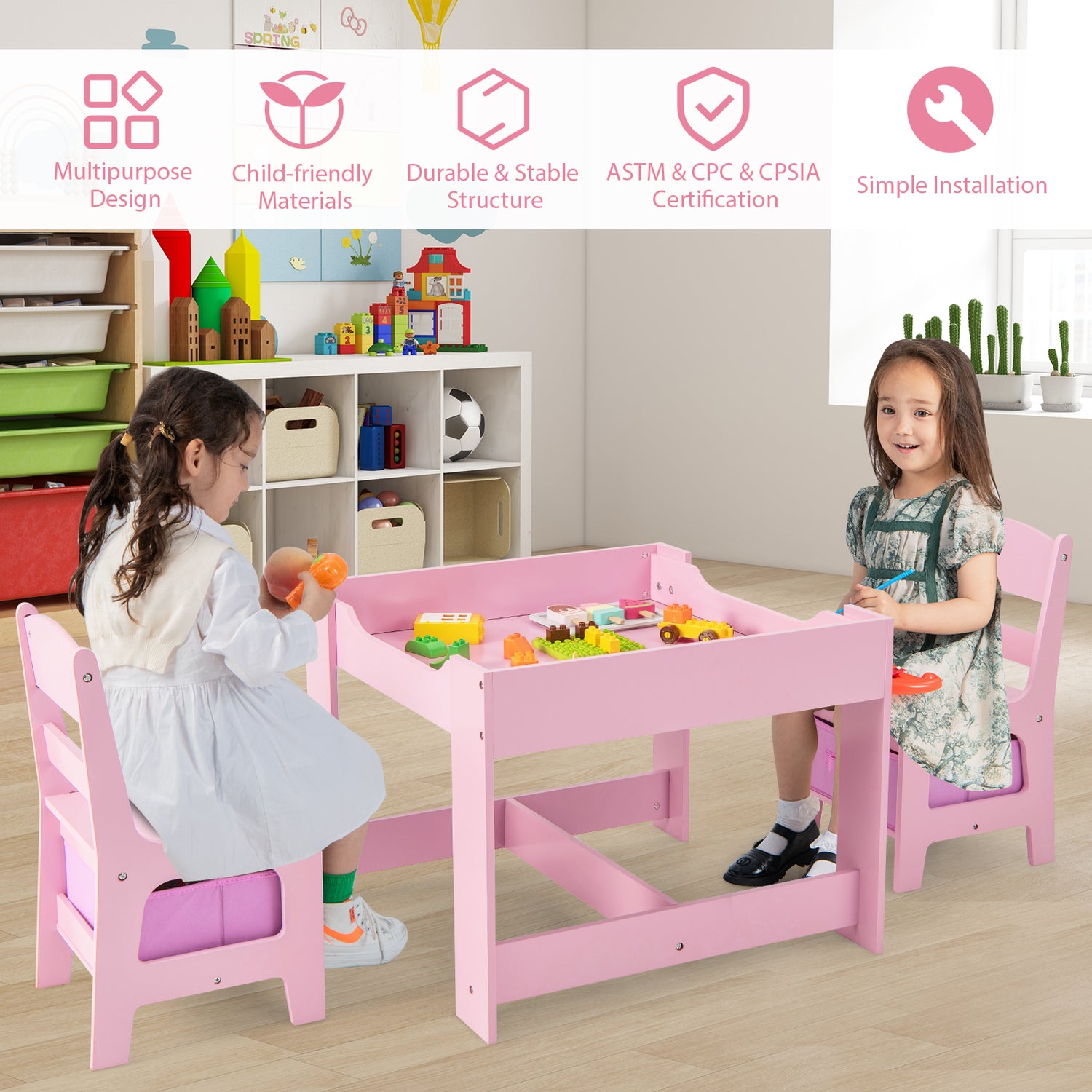 Kids Table Chairs Set With Storage Boxes Blackboard Whiteboard Drawing