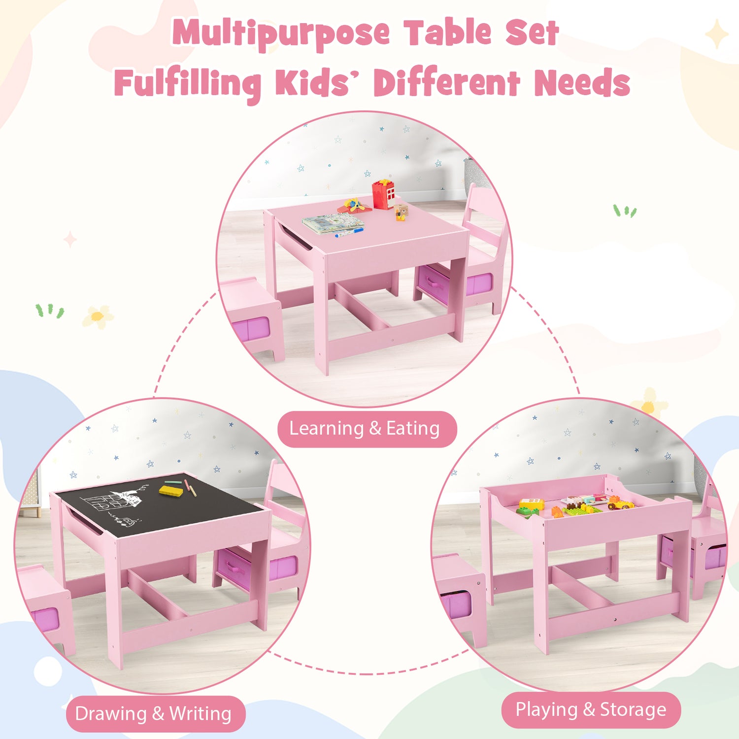 Kids Table Chairs Set With Storage Boxes Blackboard Whiteboard Drawing