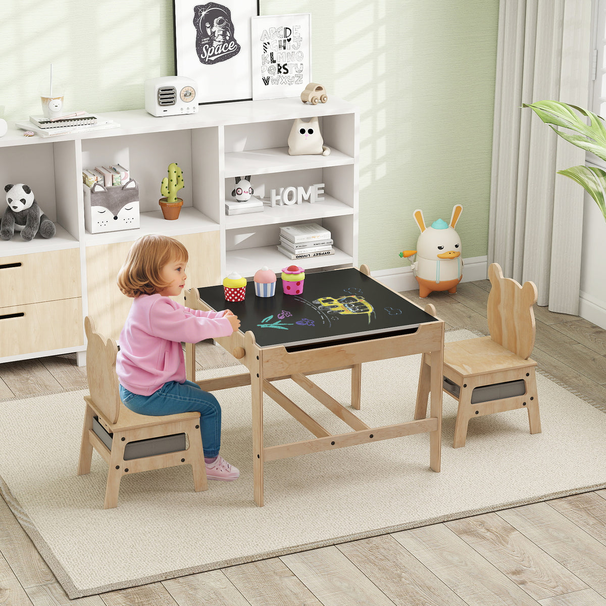 Kids Table and Chairs Set with Reversible Whiteboard-Panda/Whiteboard-Robot