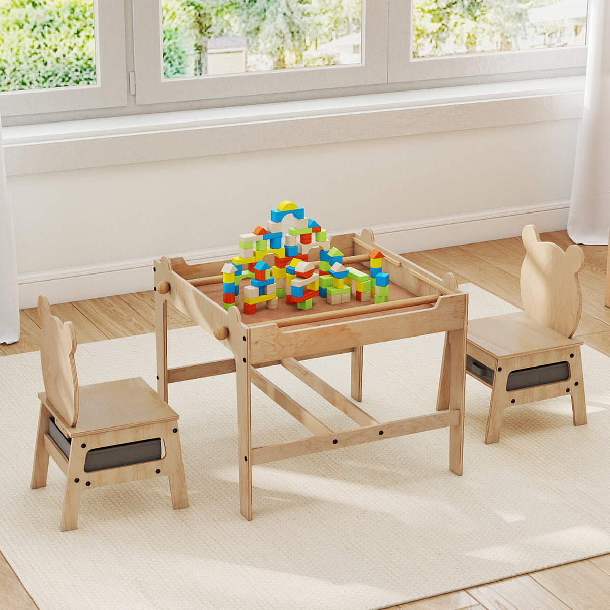Kids Table and Chairs Set with Reversible Whiteboard-Panda/Whiteboard-Robot