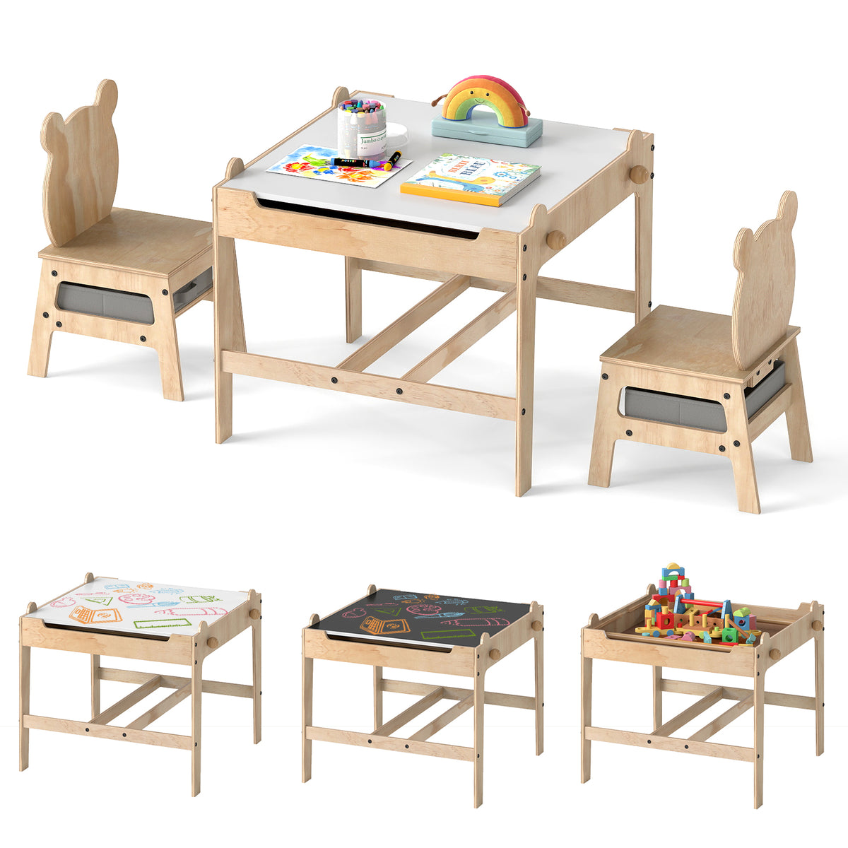 Kids Table and Chairs Set with Reversible Whiteboard-Panda/Whiteboard-Robot