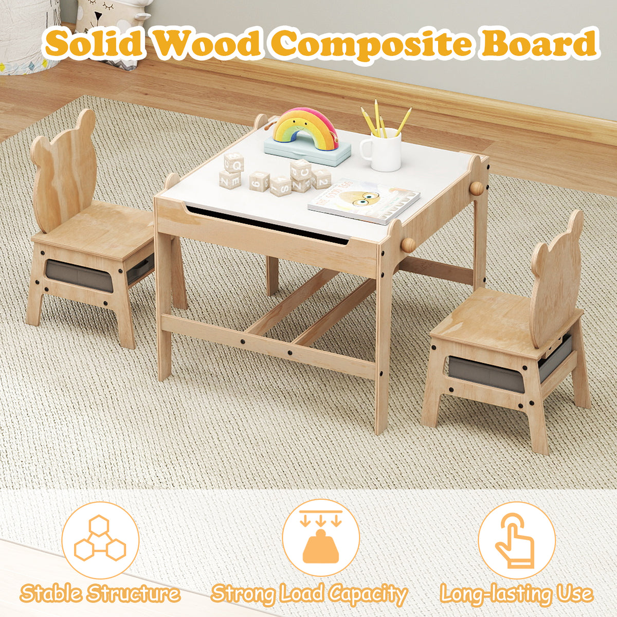 Kids Table and Chairs Set with Reversible Whiteboard-Panda/Whiteboard-Robot