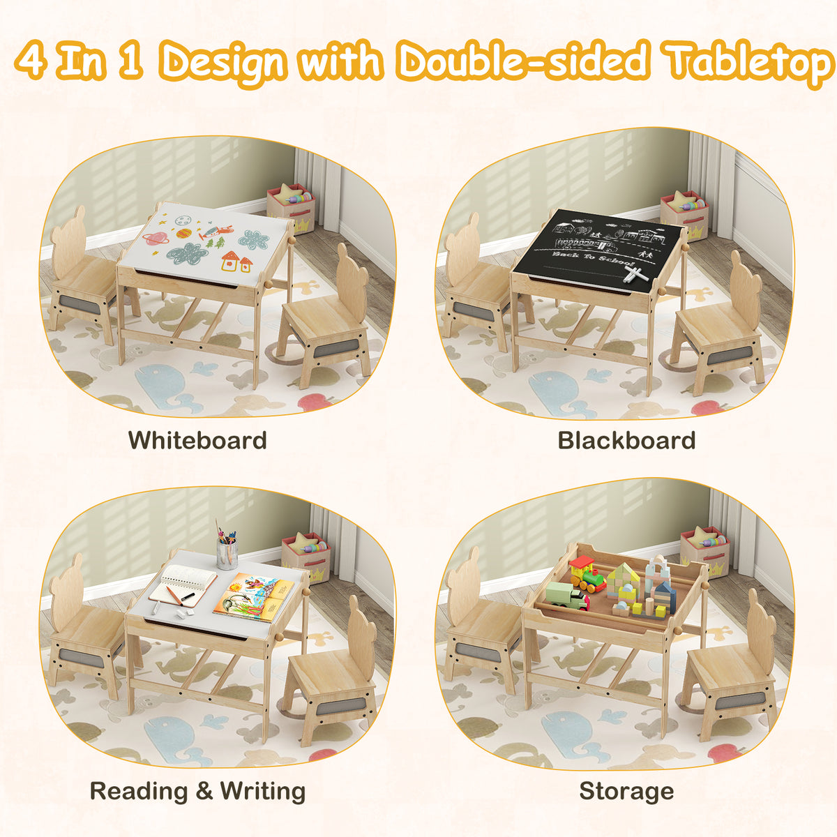 Kids Table and Chairs Set with Reversible Whiteboard-Panda/Whiteboard-Robot