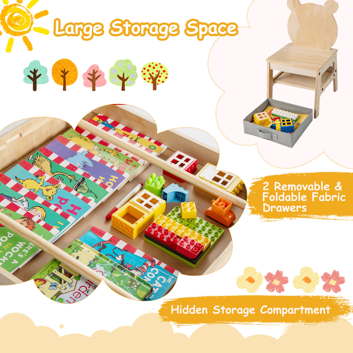 Kids Table and Chairs Set with Reversible Whiteboard-Panda/Whiteboard-Robot