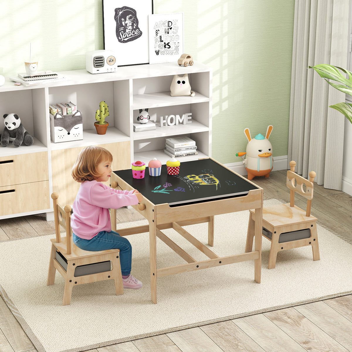Kids Table and Chairs Set with Reversible Whiteboard-Panda/Whiteboard-Robot