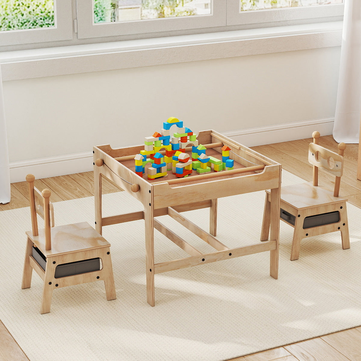 Kids Table and Chairs Set with Reversible Whiteboard-Panda/Whiteboard-Robot