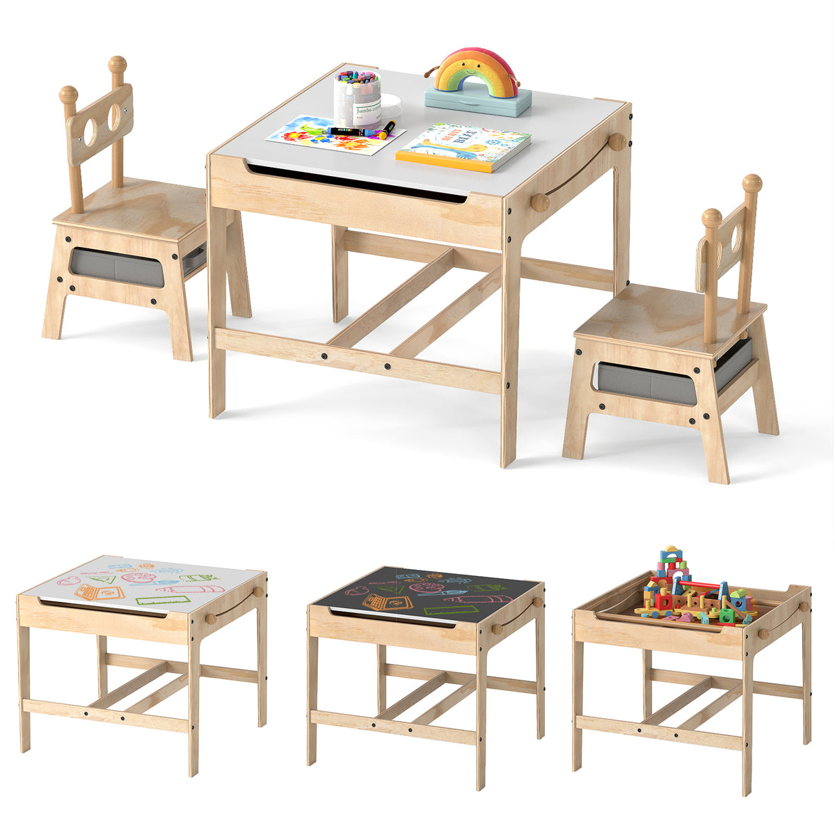 Kids Table and Chairs Set with Reversible Whiteboard-Panda/Whiteboard-Robot