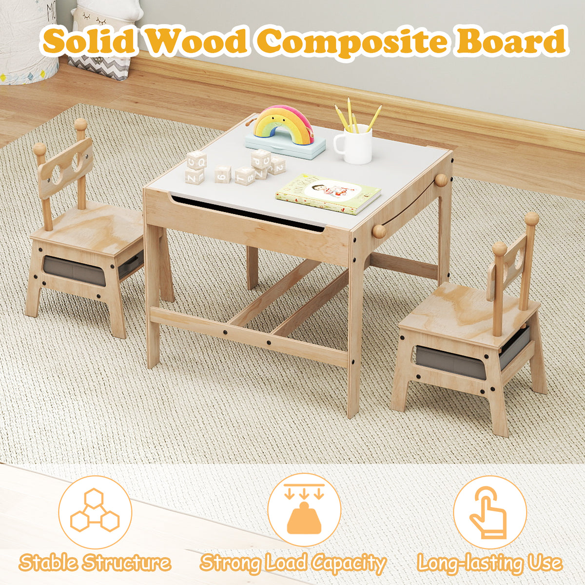 Kids Table and Chairs Set with Reversible Whiteboard-Panda/Whiteboard-Robot