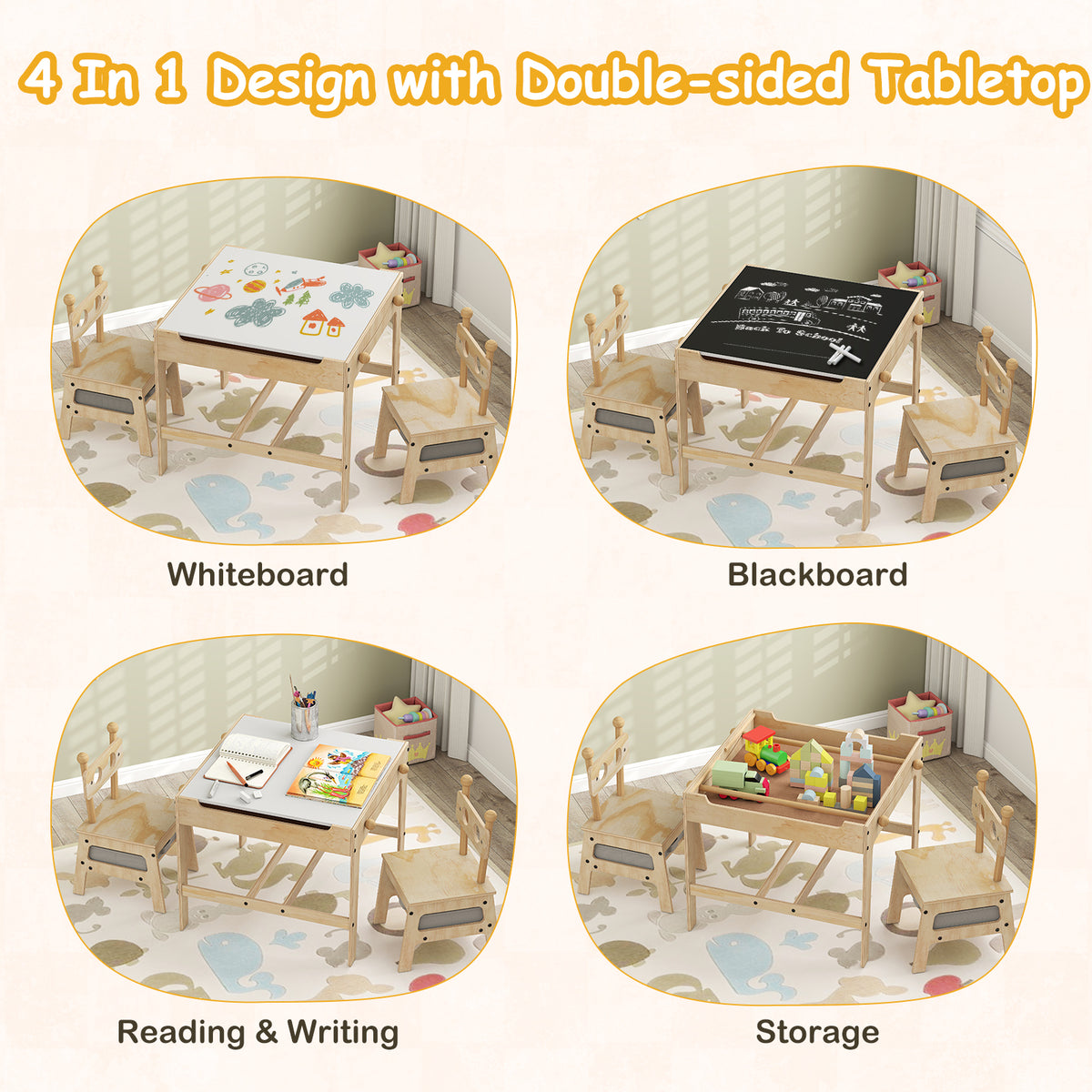 Kids Table and Chairs Set with Reversible Whiteboard-Panda/Whiteboard-Robot