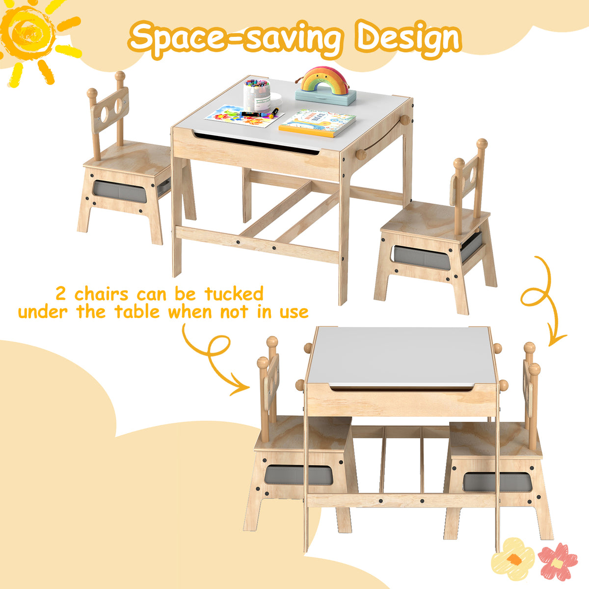 Kids Table and Chairs Set with Reversible Whiteboard-Panda/Whiteboard-Robot
