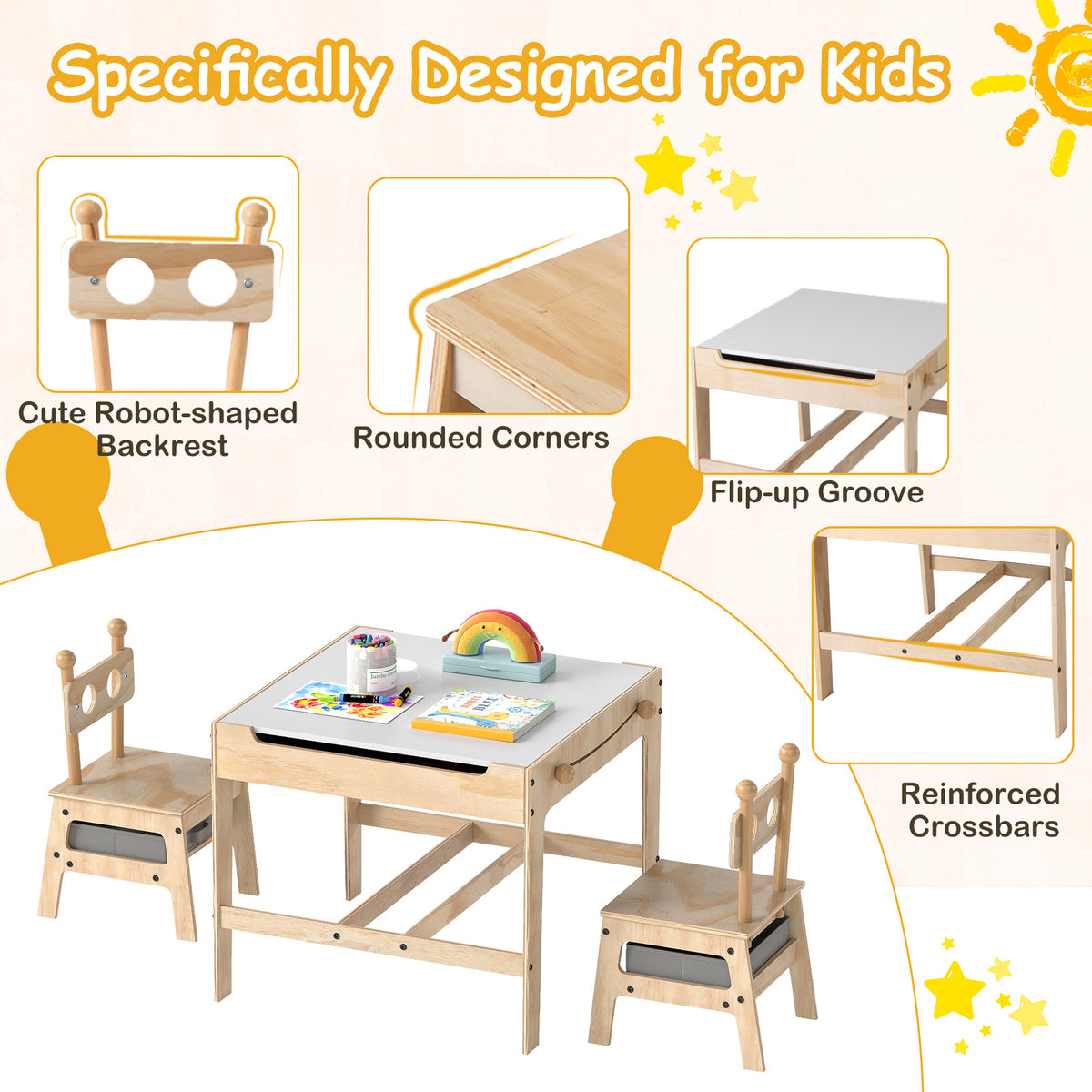 Kids Table and Chairs Set with Reversible Whiteboard-Panda/Whiteboard-Robot