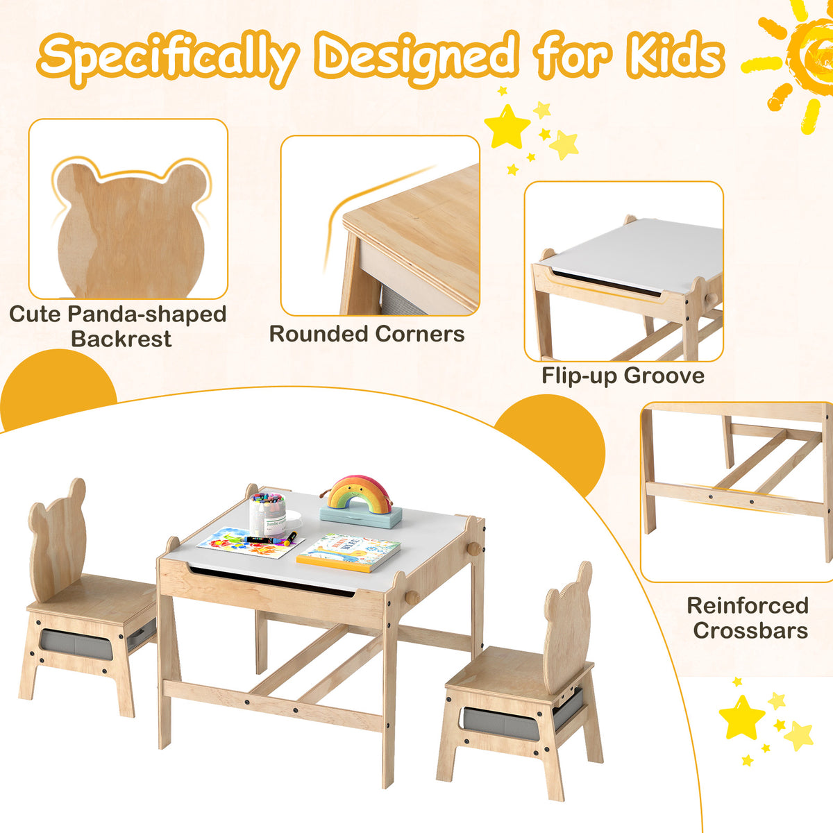 Kids Table and Chairs Set with Reversible Whiteboard-Panda/Whiteboard-Robot