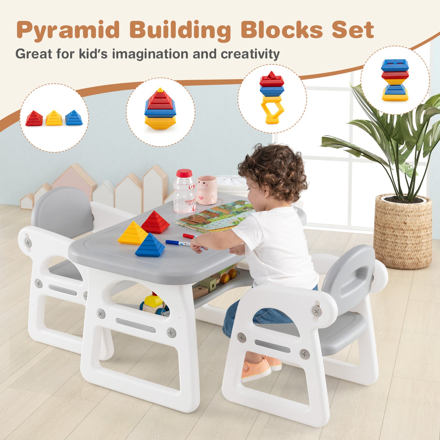 Kids Table and Chair Set with Building Blocks