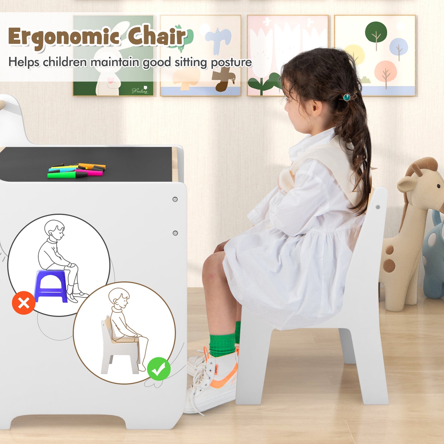 Kids Table and Chair Set with 2 in 1 Detachable Tabletop and Storage-White