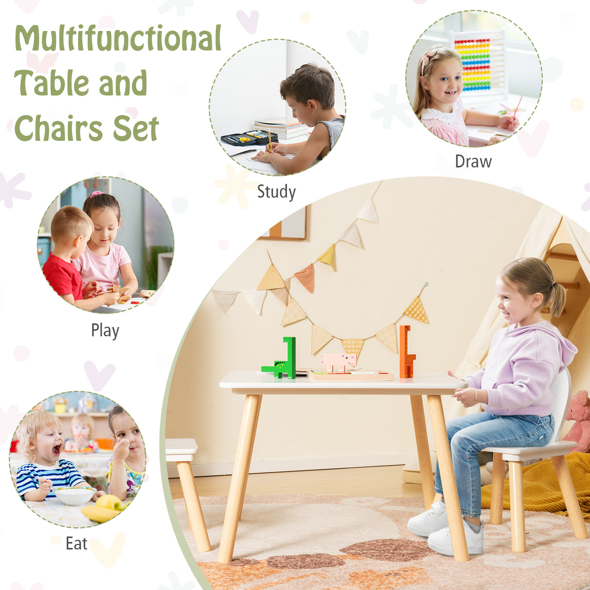 3 Pieces Kids Table and Chairs Set for Arts Crafts Snack Time