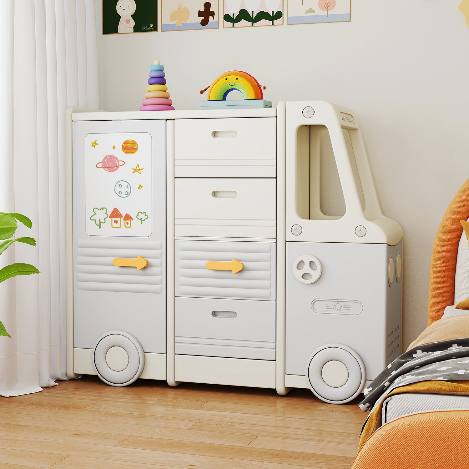 Kids Toy Storage Organizer Bus-shaped Children Cabinet with 4 Pull-out Drawers with Handles-Gray