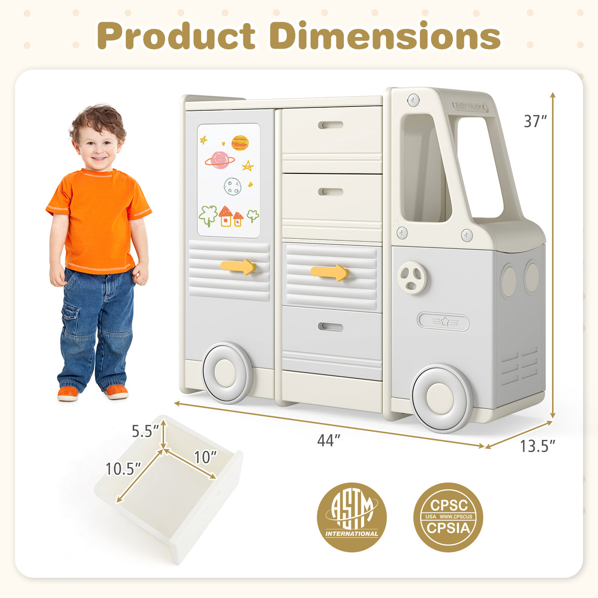 Kids Toy Storage Organizer Bus-shaped Children Cabinet with 4 Pull-out Drawers with Handles-Gray