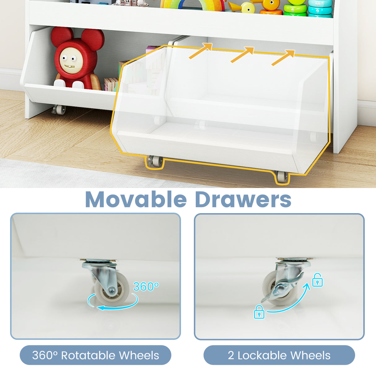 Kids Toy Storage Organizer Wooden Bookcase with 2 Movable Drawers