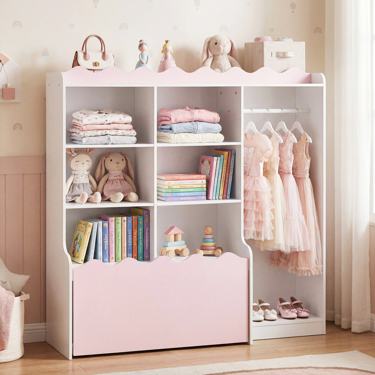 Kids Toy Storage Organizer Children Dress up Closet Wardrobe with Clothing Rack-Pink