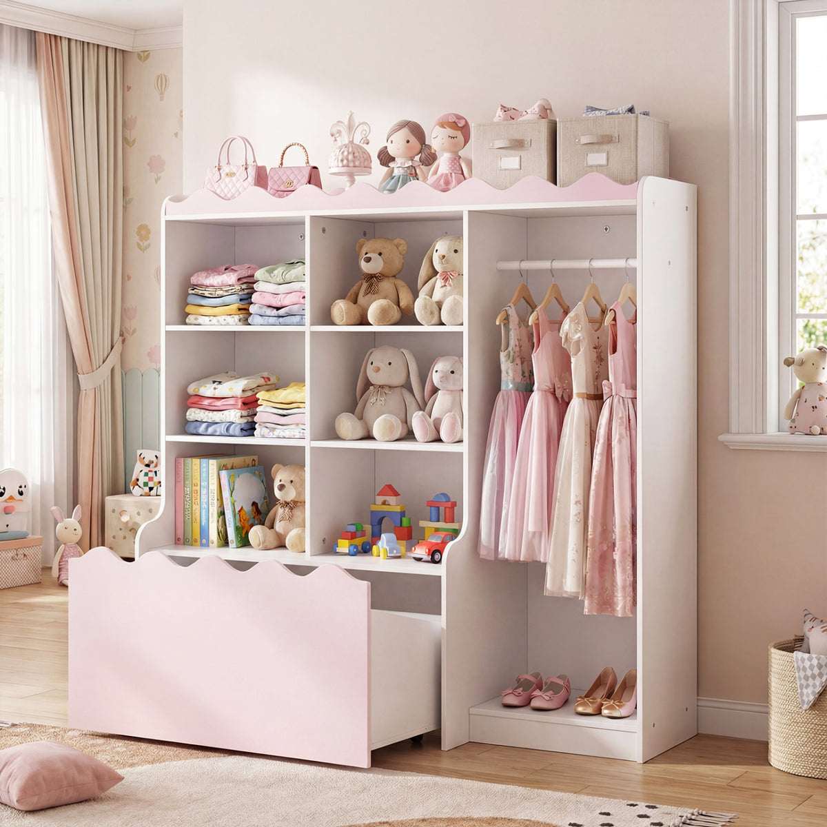 Kids Toy Storage Organizer Children Dress up Closet Wardrobe with Clothing Rack-Pink
