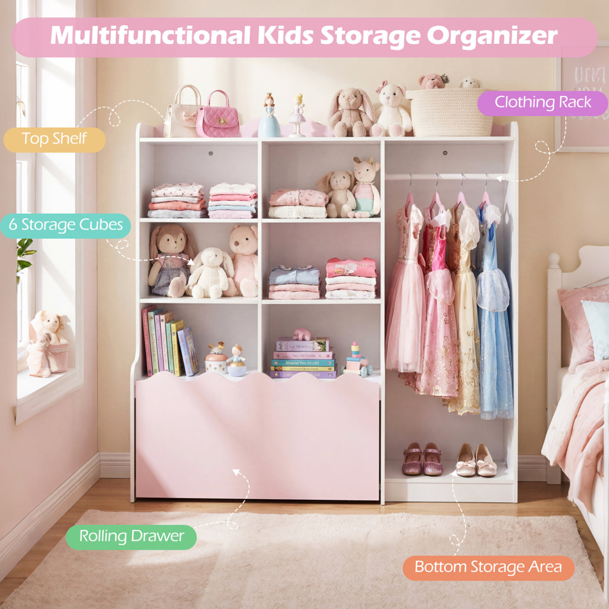 Kids Toy Storage Organizer Children Dress up Closet Wardrobe with Clothing Rack-Pink